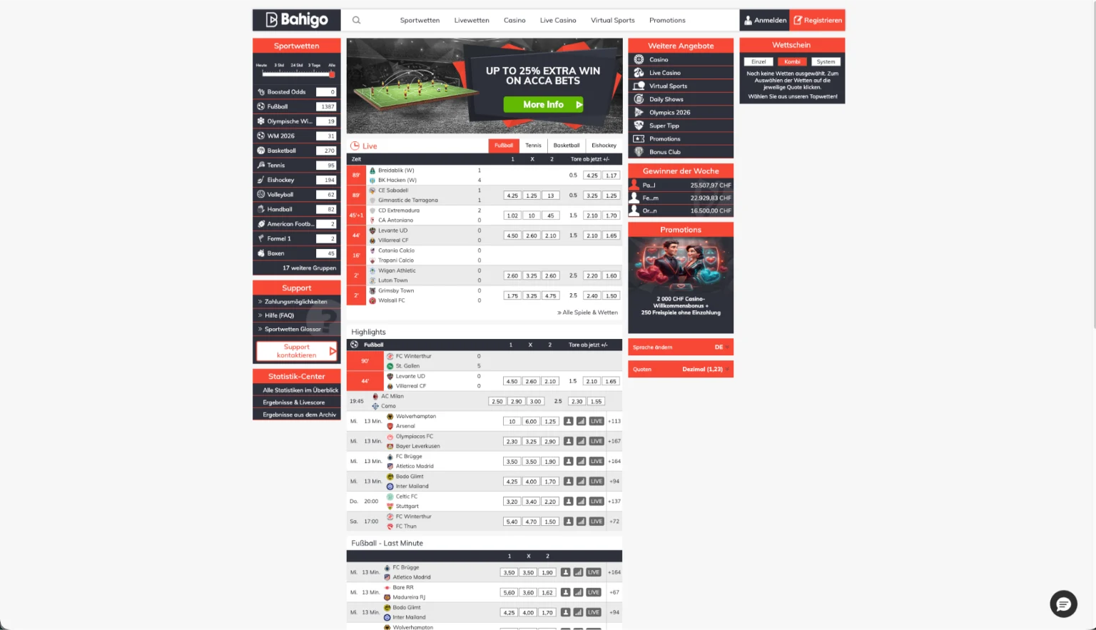 Bahigo Sportwetten Schweiz – Übersicht der verfügbaren Sportarten