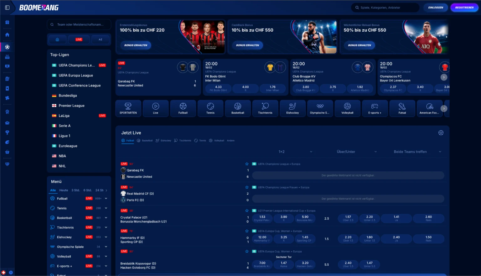 Boomerang Bet Sportwetten Schweiz – Live- und Pre-Match Markte im Uberblick