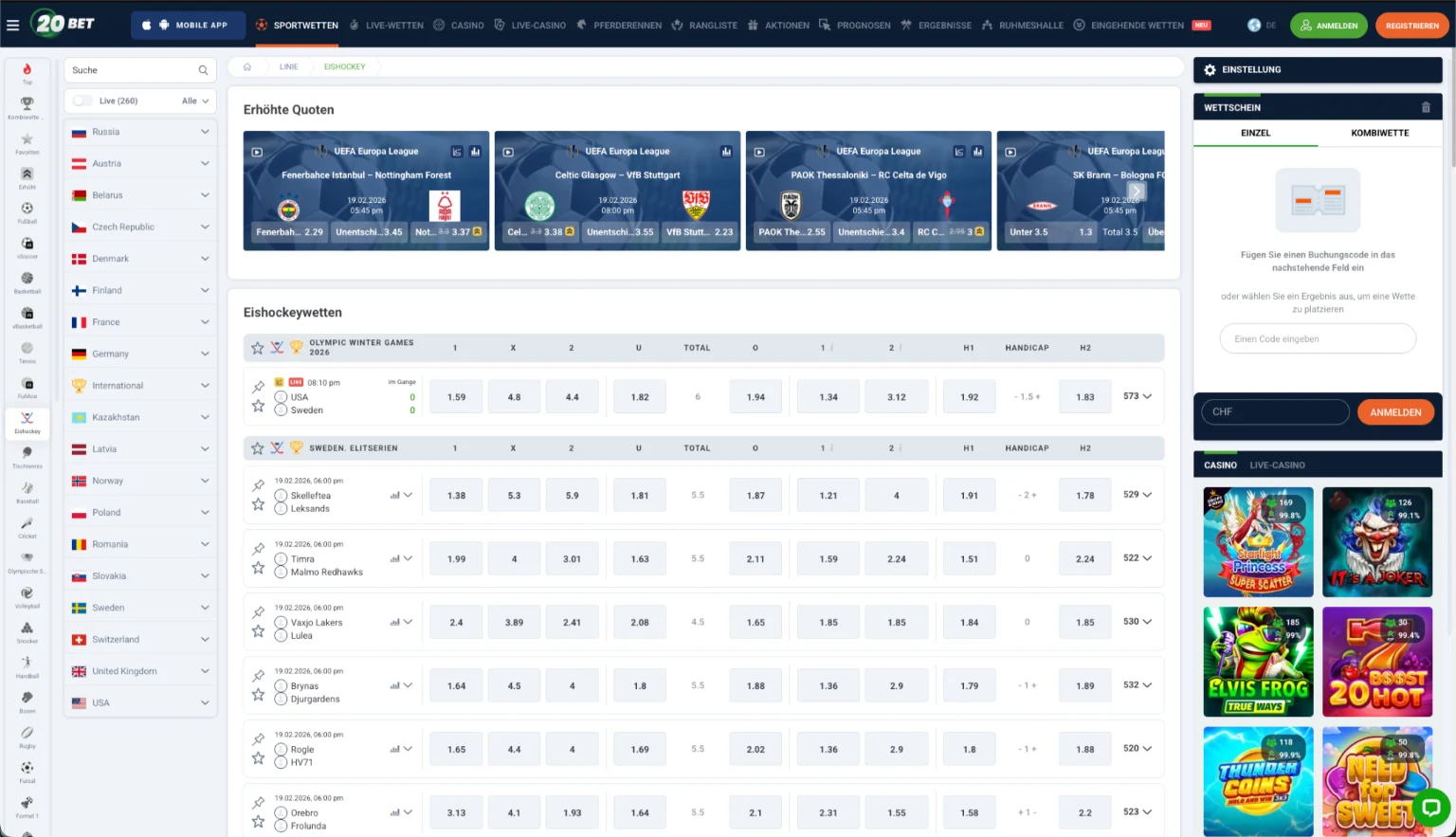 Eishockey Wetten bei 20Bet mit National League Märkten