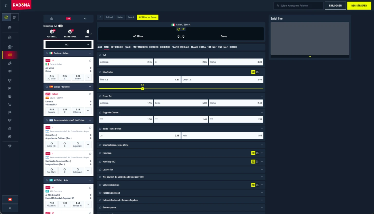Live-Wetten Bereich von Rabona für Schweizer Spieler mit Echtzeit-Quoten