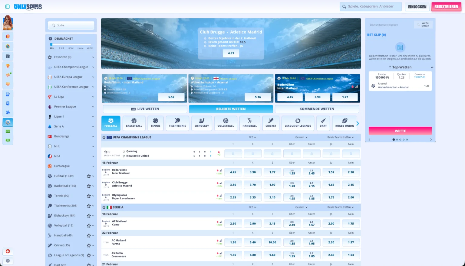 OnlySpins Wettanbieter Schweiz – Ubersicht der Sportmarkte