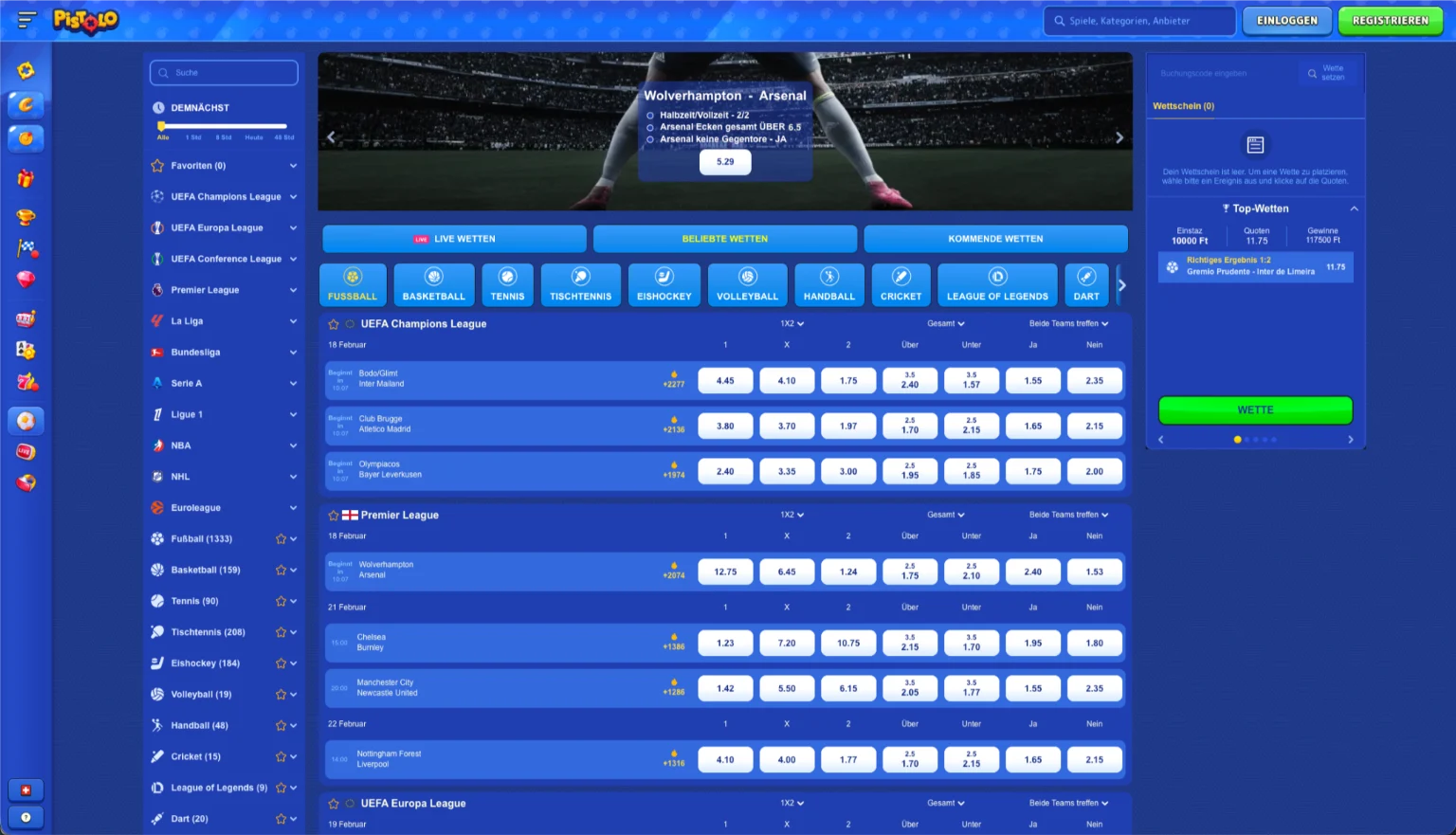 Pistolo Sportwetten Schweiz – Sportbereich mit Live-Wetten