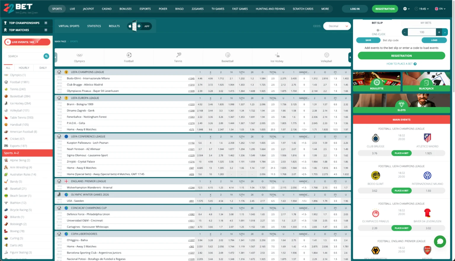 Screenshot der 22Bet Sport Plattform fur Schweizer Tipper