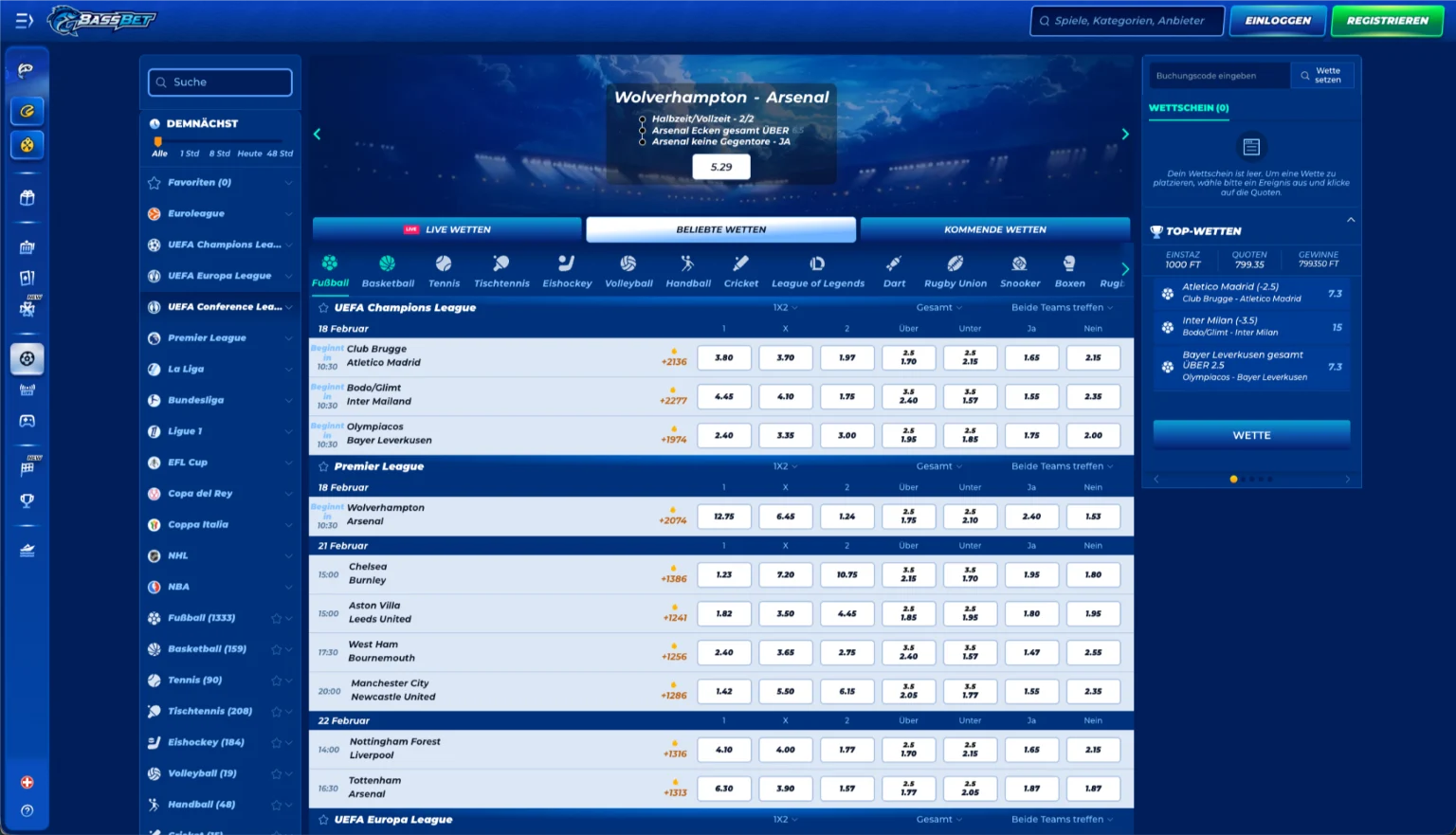 Screenshot der Bassbet Sportplattform für Schweizer Tipper