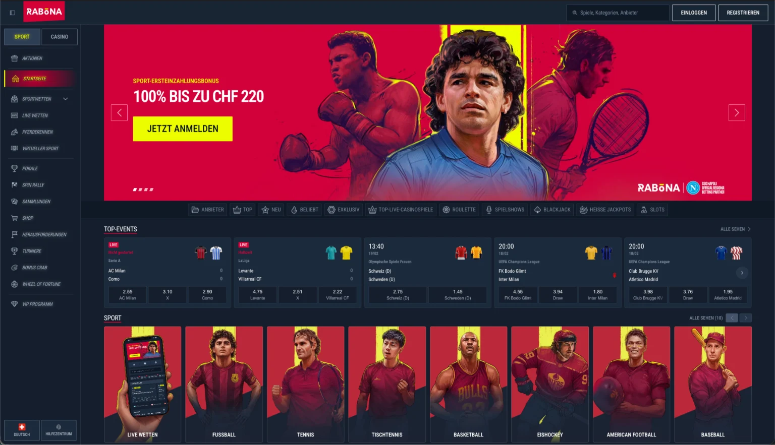 Screenshot der Rabona Wettplattform für Schweizer Nutzer