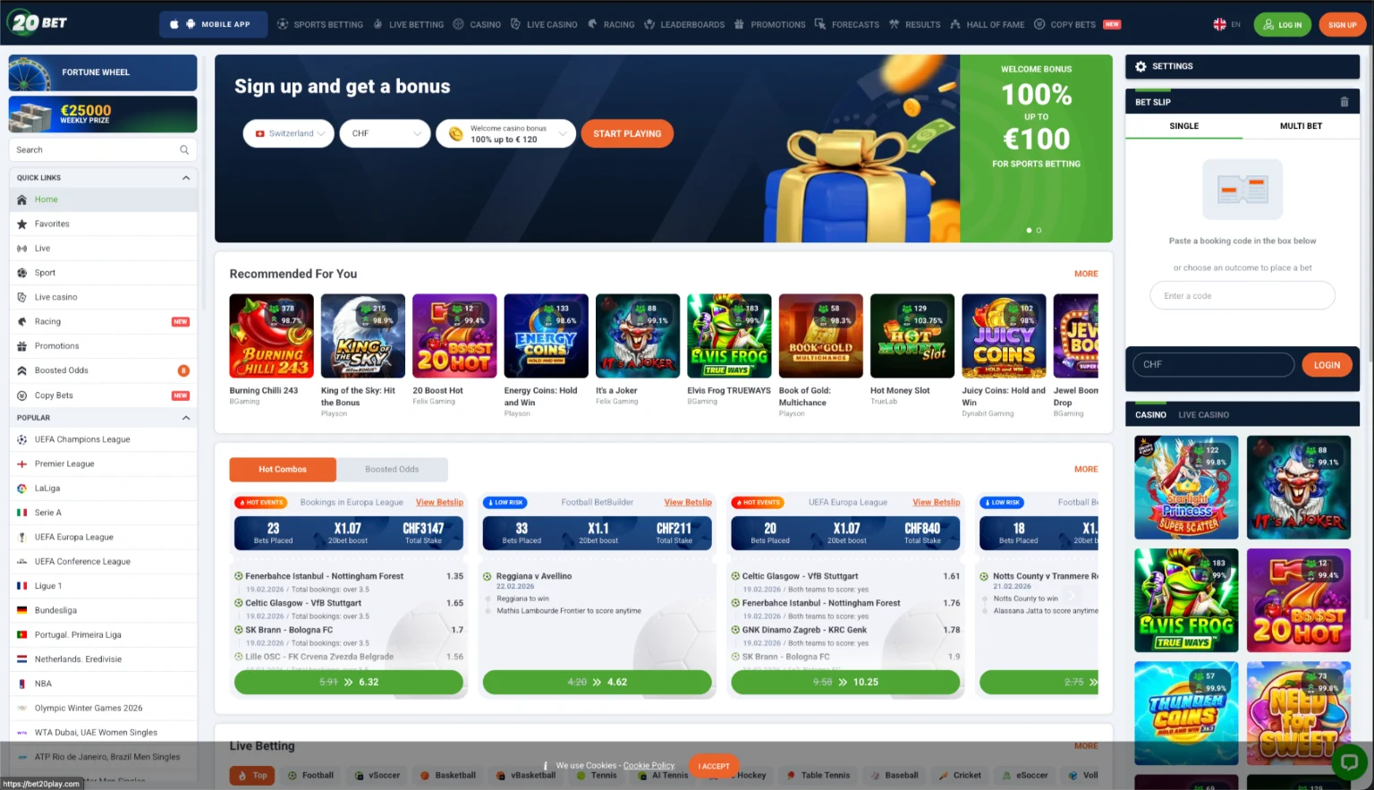 Sportwetten Bereich von 20Bet für Schweizer Spieler