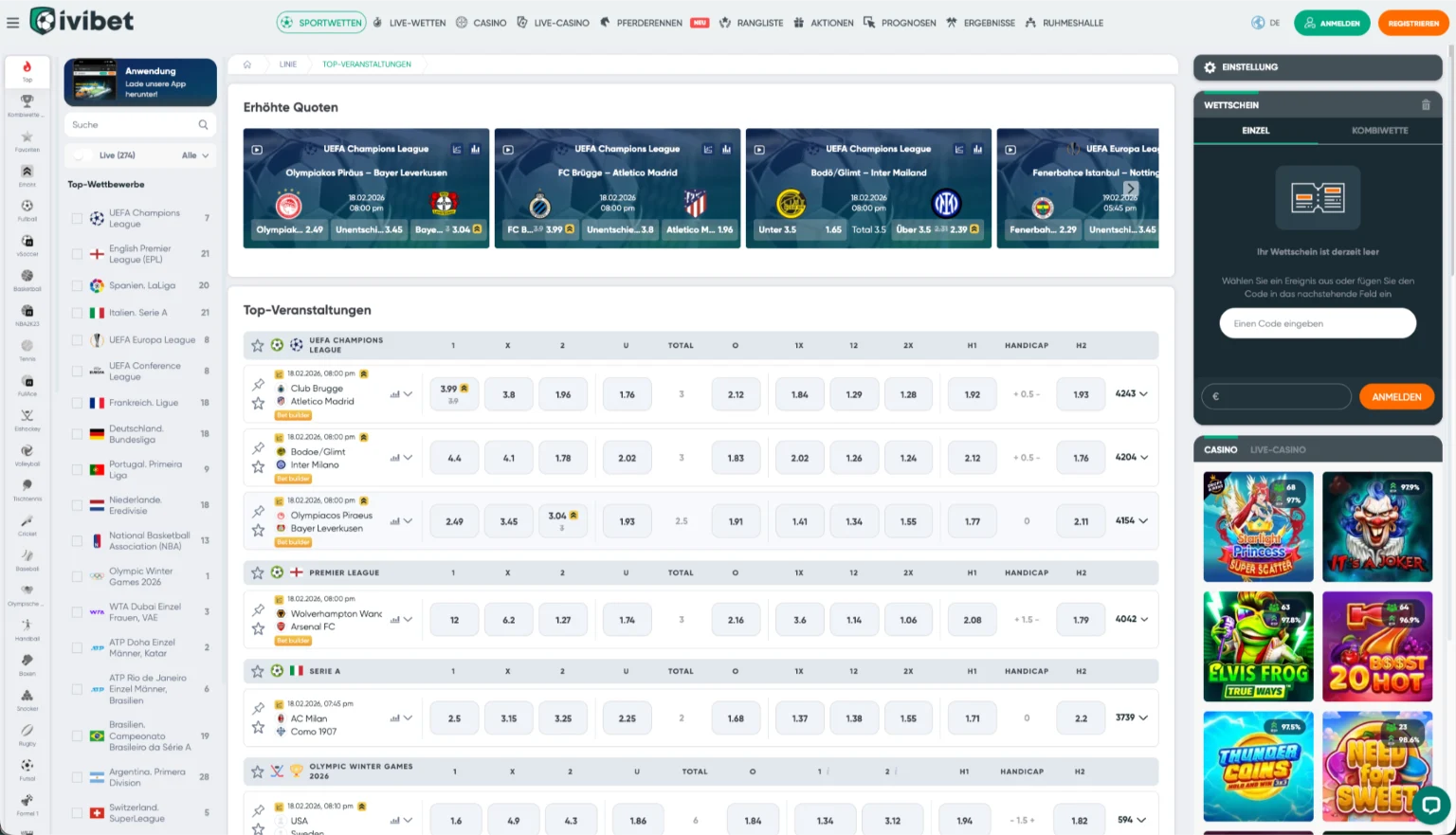 Sportwetten Bereich von Ivibet Schweiz – Pre-Match und Live-Wetten