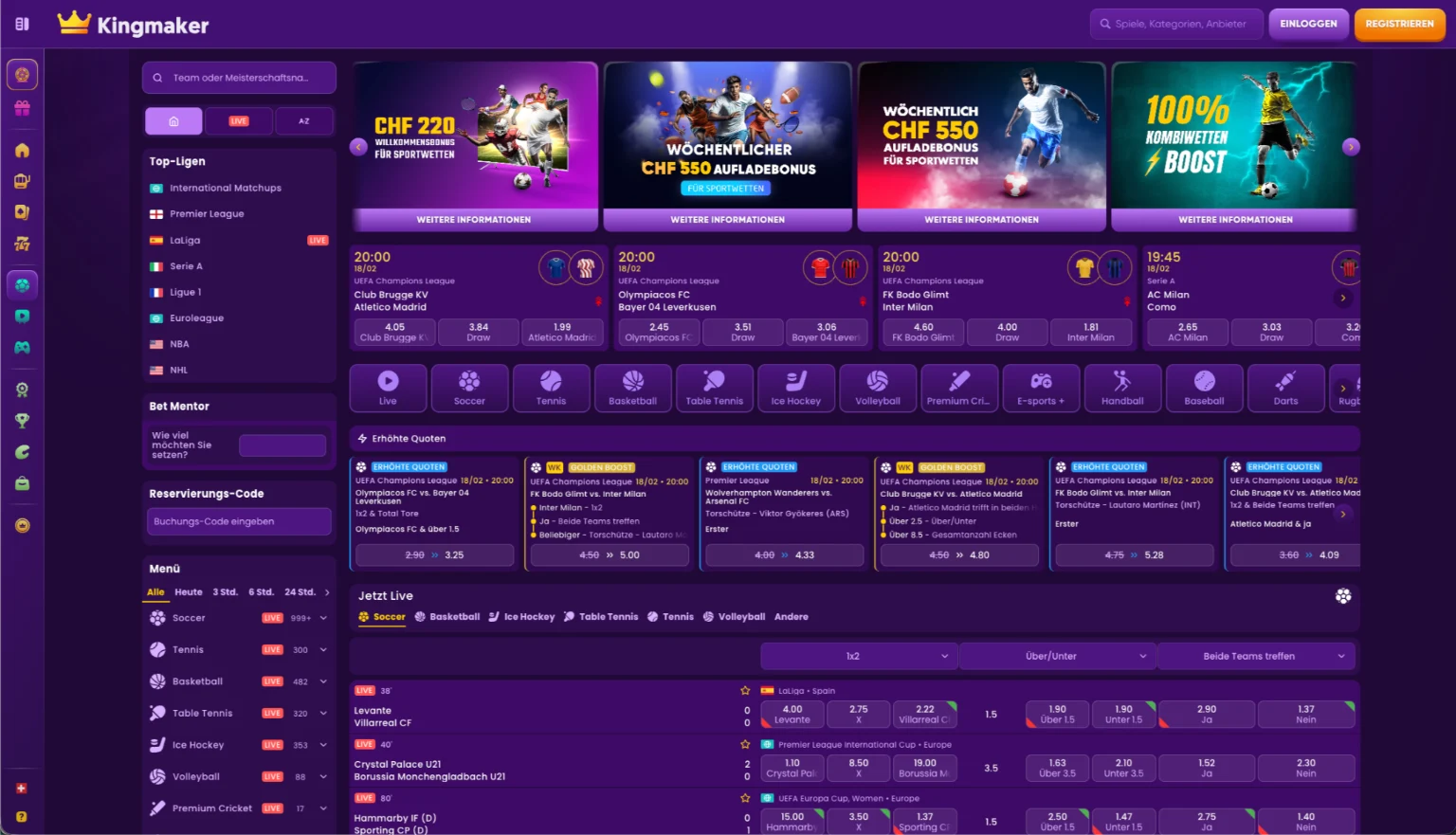 Sportwetten Bereich von Kingmaker fur Schweizer Spieler