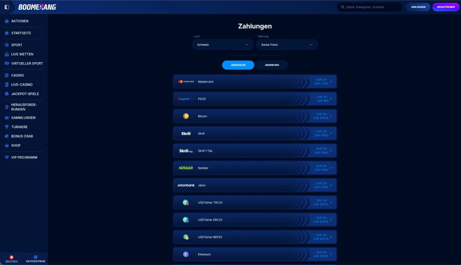 Zahlungsmethoden bei Boomerang Bet für Schweizer Spieler