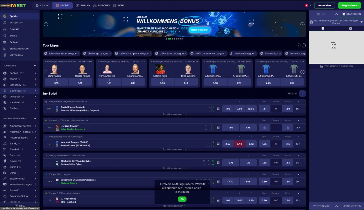Zotabet Sportwetten Plattform Schweiz mit Pre-Match Märkten